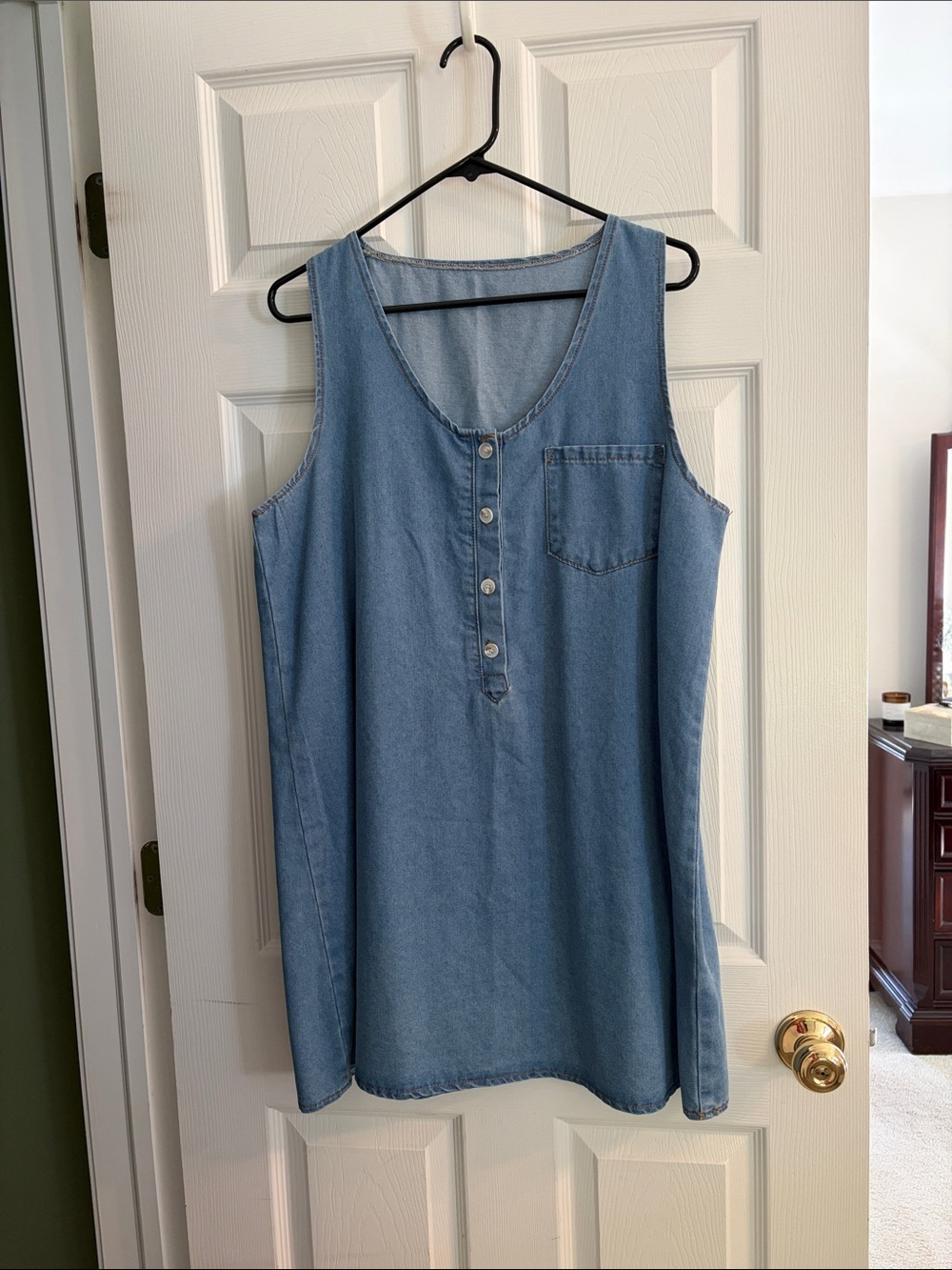Sleeveless Blue Denim Dress Casual Button Henley